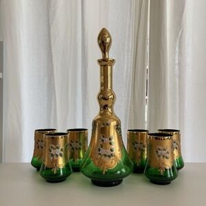 Murano Glass Italy Emerald Green Wine Decanter 6 Glass‎ Set Sergio Zane 24k Gold